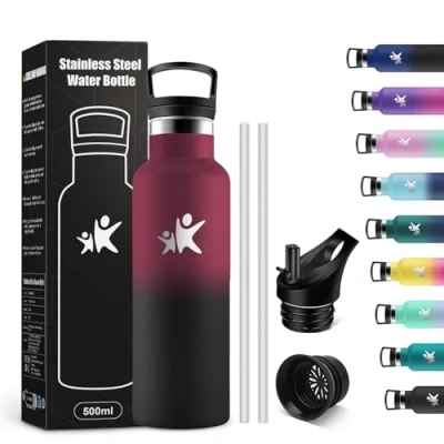 Afbeelding van KollyKolla Thermosfles voor kinderen, 500 ml, met rietje, BPA vrij, roestvrijstalen fles, gemakkelijk te reinigen, lekvrij, kantoor, school, camping, fitnessstudio,