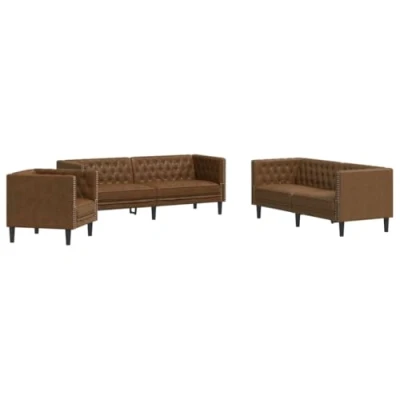 Afbeelding van vidaXL 3 delige Loungeset Chesterfield stijl kunstsuède bruin