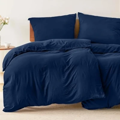 Afbeelding van Dreamzie 4 delige beddengoedset, met kussenslopen 80 x cm en dekbedovertrekken voor eenpersoonsbed 135 200 cm, 100% microvezel, gecertificeerd chemicaliënvrij (Oeko Tex), donkerblauw