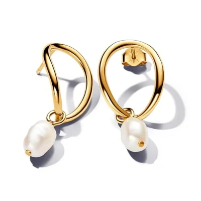 Afbeelding van Pandora Essence 14K vergulde metalen oorstekers met barok wit behandelde zoetwaterparel, geelgoud, Synthetische parel