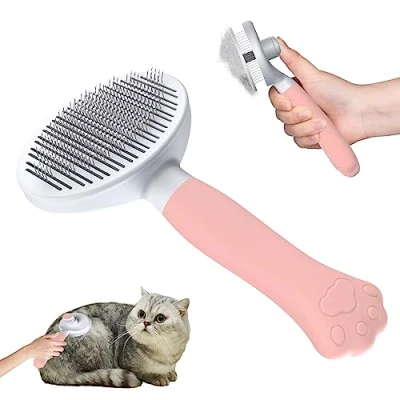 Afbeelding van Kattenborstel Hondenborstel [Ergonomisch Handvat &amp; Reiniging met één Klik] Verzorgingsgereedschap voor Kortharige Langharige Honden/Katten/Konijnen, Ontwolborstel(roze)