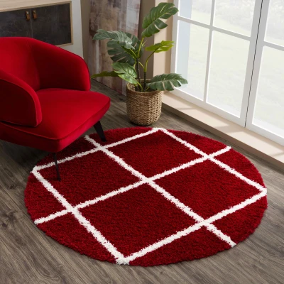 Afbeelding van Madrid Shaggy Geruit Vloerkleed Rood Creme Hoogpolig 150 cm rond