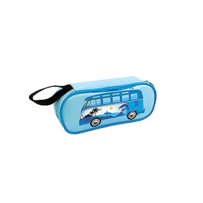 Afbeelding van BRISA VW Collection Hippie Bus T1 Camper Van pennenetui en cosmeticatas met vintage retro motief (surf/lichtblauw)
