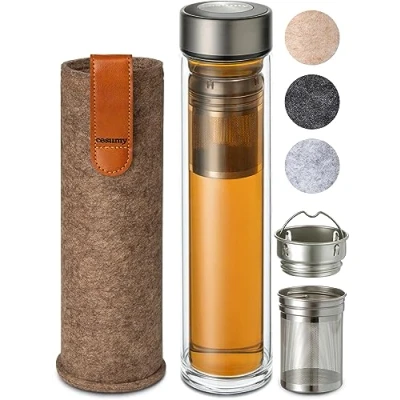 Afbeelding van Cosumy Thermosglas met infuser 500 ml, dubbelwandig glas vilten hoes, hittebestendig, waterdicht, vaatwasmachinebestendig (zandbruin)