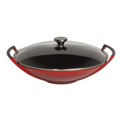 Afbeelding van Le Creuset Gietijzeren Wok In Kersenrood Met Glazen Deksel 36cm 4,5l