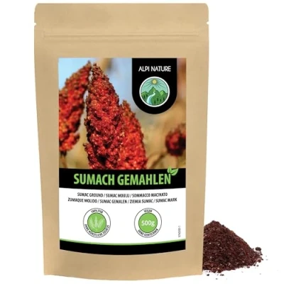 Afbeelding van Sumakpoeder (500 g), gemalen sumak, 100% natuurlijke azijnkruid, zacht gedehydrateerd en gemalen, natuurlijk zonder additieven, veganistisch