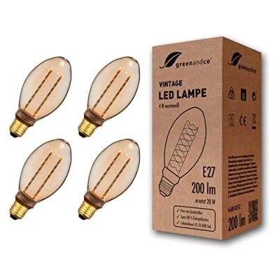 Afbeelding van Greenandco® ledlamp, decoratief, vintage, retro, industrieel, antiek, Edison, E27, B75, 4 W, 200 lm, 1800 K, zeer warm wit, 320 graden, 230 V, geen flikkeren, niet dimbaar, stuks