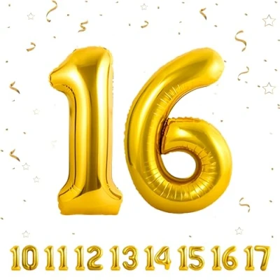 Afbeelding van Verjaardagsballonnen 16 goud 100 cm ballon cijfer 16, nummer Happy Birthday decoratie, ballonnen, verjaardagsfeest, jaren vliegen dankzij helium