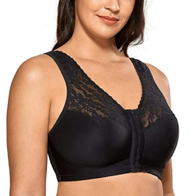 Afbeelding van DELIMIRA Damesbeha, sluiting voor, grote maat, zonder beugel, racerback, kant, zwart.