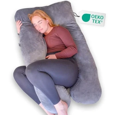 Afbeelding van Ella® Zwangerschapskussen XXL U Vorm Zijslaapkussen Lichaamskussen Voedingskussen Body Pillow 140x80cm Afneembare Minky Fleece Hoes, Grijs