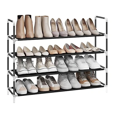 Afbeelding van SONGMICS Schoenenrek met 4 niveaus, schoenenrek, schoenenopslag, voor entree, hal, kleedkamer, dun, ruimtebesparend, metalen frame, planken van vliesstof, zwart LSH054B01