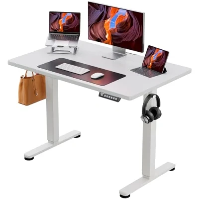 Afbeelding van ErGear Bureau, zittend, staand, 100 x 60 cm, elektrisch in hoogte verstelbaar, met tweedelig blad, ergonomisch bureau rugzakhaak en intelligent paneel 4 geheugen, wit