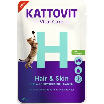 Afbeelding van Dubbelpak: 12x 85g Kattovit Vital Care Hair &amp; Skin Pouches met Gevogelte nat kattenvoer