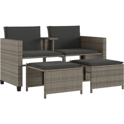 Afbeelding van Tuinbank 2 zits met tafel en voetenbanken poly rattan grijs