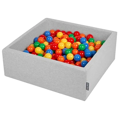 Afbeelding van KiddyMoon Ballenbad voor baby&#039;s, vierkant, 90 x 30 cm/200 ballen, 7 cm, ballenbak, speelgoed kinderen, lichtgrijs: geel/groen/blauw/rood/oranje