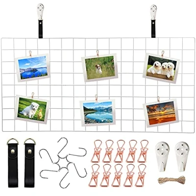 Afbeelding van Wuzilin Wandrooster, wit, wanddecoratie, multifunctionele muur, doe het zelf ijzeren rooster, fotowand, decoratie, prikbord voor ophangen van familiefoto&#039;s in de keuken, kantoor en meer, 40 x 80