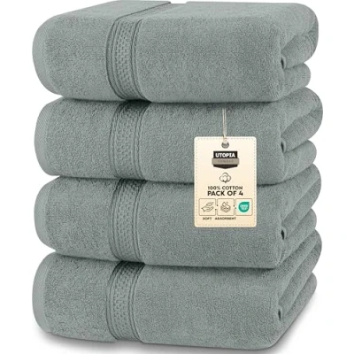 Afbeelding van Utopia Towels Set van 4 hoogwaardige badhanddoeken 100% gekamd katoen, sneldrogend, zeer absorberend, zachte handdoeken, perfect voor dagelijks gebruik, 69 x 137 cm (koel grijs)