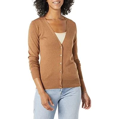 Image de Amazon Essentials Cardigan léger à col en V (grande taille disponible) Kvinnors, Fauve Chiné, M