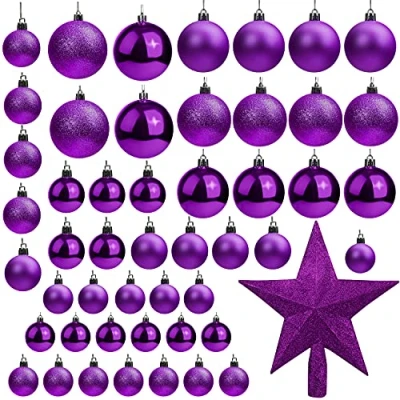 Afbeelding van Belle Vous kerstballen (50 stuks) Verschillende grootte glitter paarse met ster boom top kerstboom bal opknoping ornamenten voor kerstversiering vakantie feest binnen/buiten decoraties