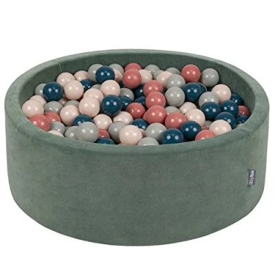 Afbeelding van KiddyMoon Velours ballenbad, 90 x 30 cm, 200 ballen met een diameter van 7 voor baby&#039;s, rond, gemaakt in de EU, bosgroen: donkerturquoise/pastelbeige/groen grijs/zalm