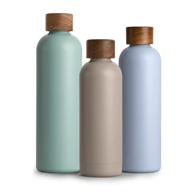 Afbeelding van Roestvrijstalen drinkfles, 500 ml, thermosfles, 0,5 l, met acaciahouten deksel, geïsoleerde waterfles, lekvrij bij koolzuur, thermosfles moddergrijs