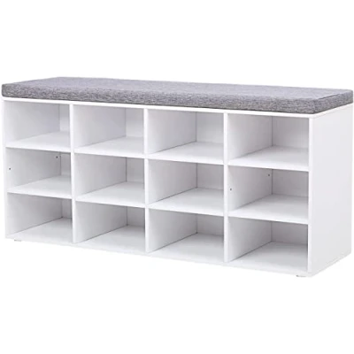 Afbeelding van VASAGLE LHS012W14 Schoenenbank met zitting, kussen en 12 vakken, opbergrek voor hal, belastbaar tot 136 kg, wolkenwit/duifgrijs