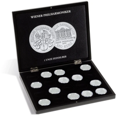 Afbeelding van Leuchtturm Leuchtturm, Presentatie cassette, Volterra Uno voor Munten Wiener Harmoniker, 1 oz Silver in capsules (20 st.) Zwart afm: 305x245x30