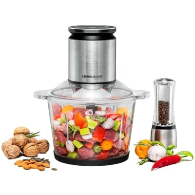 Afbeelding van ROMMELSBACHER MZ 800 multifunctionele hakmolen, 2,7 l glazen container, 22 traps snelheidsregeling, krachtige motor, speciaal 9 vleugels roestvrijstalen mes, messenas en koppeling