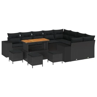 Afbeelding van vidaXL 13 delige tuinstoelset met kussens zwart poly rattan acacia, 4 tuin eetset acacia