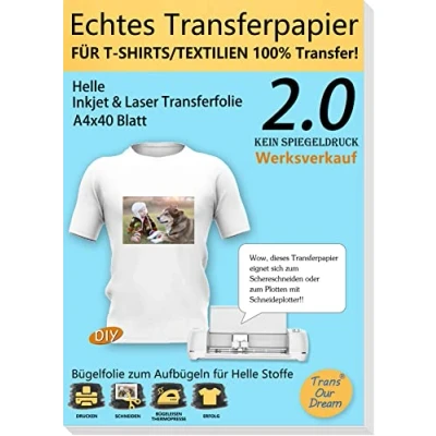 Afbeelding van TransOurDream Echte inkjet/laser transferfolie, transferpapier, DIN A4X40 vel, textiel, folie voor inkjetprinters en laserprinters, bedrukbare strijkfolie lichte T shirts (2,0 40)