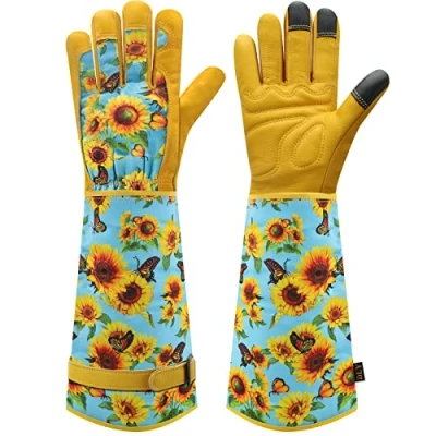 Afbeelding van tuinhandschoenen voor dames en heren, doornbestendige met bescherming van de voorarmen, roze handschoenen, leren het snoeien rozen, planten, plukken,