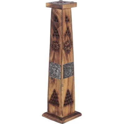 Afbeelding van Puckator wierooktoren mango hout met metalen band olifant voor cones en wierookstokjes deksel bewerkt 4 bloemen