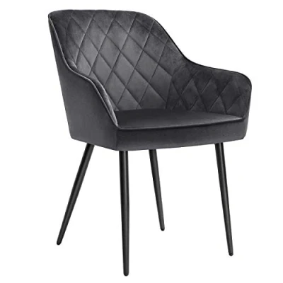 Afbeelding van SONGMICS Eetkamerstoel, Armstoel, Gestoffeerde zitting, met armleuningen, zitbreedte 49 cm, metalen poten, fluwelen bekleding, belastbaar tot 110 kg, voor woonkamer, slaapkamer, Grijs LDC088G01