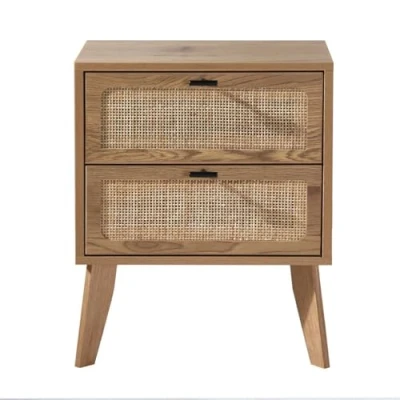 Afbeelding van Nachtkastje met 2 lades, rotan fronten en decoratieve houten poten L45 cm