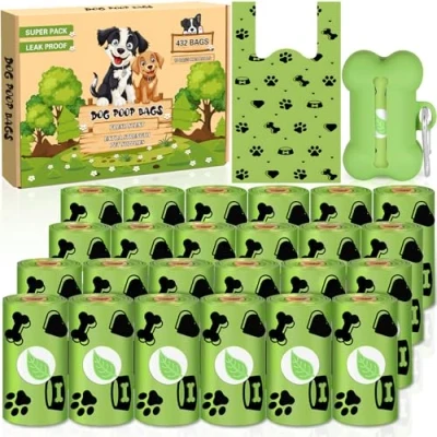 Afbeelding van MKAKYES 432 hondenpoepzakken, waterdichte tas met handgrepen, gemakkelijk te verwijderen, waterdicht, geur, poepzak dispenser, extra dik, groot, 34 x 14 cm, groen (24 rollen van elk 18 stuks)