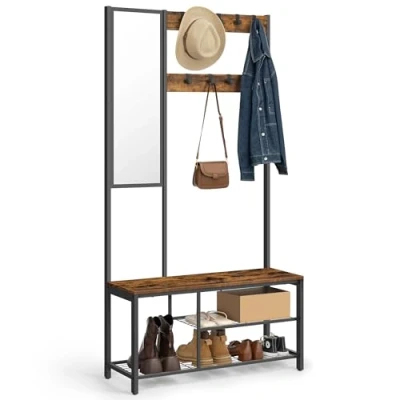 Afbeelding van VASAGLE HSRAM050B01 Kapstok met haken en spiegel, schoenenbank planken, 36 x 98 185 cm, voor hal, slaapkamer, woonkamer, vintage bruin/zwart