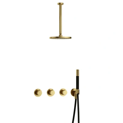 Afbeelding van Hotbath Cobber Regendoucheset IBS70 Geborsteld Messing PVD Staaf handdouche 20cm Hoofddouche 30cm Plafondbuis Handouche met wandhouder