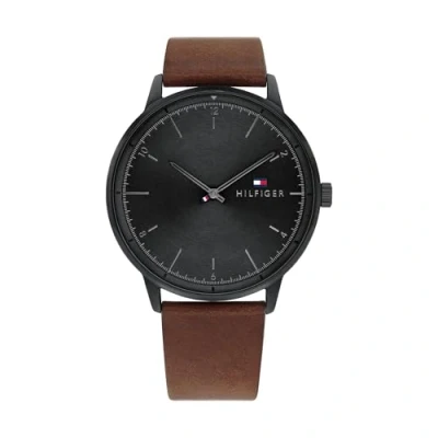 Afbeelding van Tommy Hilfiger Analoog kwartshorloge voor heren met bruine leren band 1791876, zwart., Riem