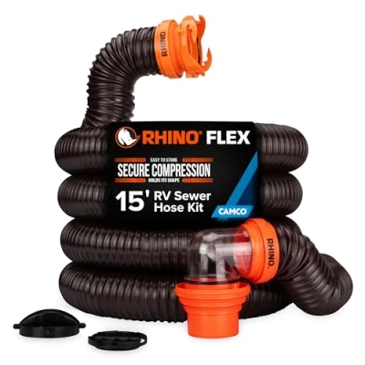 Afbeelding van Camco RhinoFLEX 39770 rioolslangset voor recreatievoertuigen met draaibare elleboog transparant en 4 in 1 afvoerstation, bruin, 4,6 m