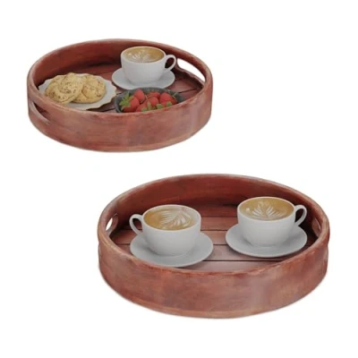 Afbeelding van Relaxdays dienblad rond set van 2 Ø 29 en 36 cm met handvaten mangohout