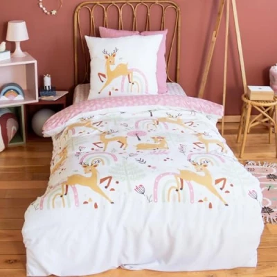 Afbeelding van Bedrukt beddengoed 140 x 200 cm voor kinderen, omkeerbaar, dekbedovertrek + 1 kussensloop 63 cm, roze en witte bladeren, dekbedovertreksets van microvezel