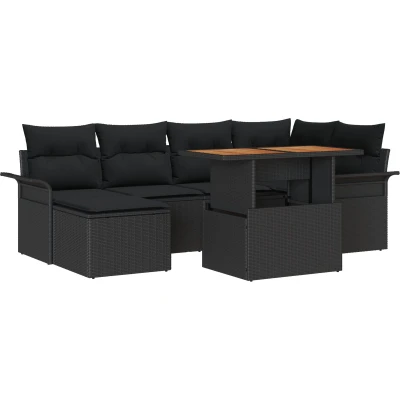 Afbeelding van vidaXL 7 delige Tuin Eetset met Kussens Zwart Poly Rattan Acacia