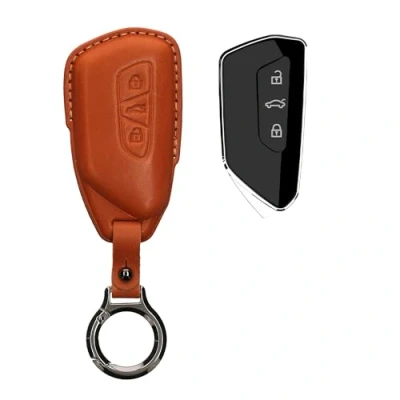 Afbeelding van kwmobile leren autosleutel hoesje geschikt voor VW Golf 8 3 knops Als sleutelhanger met sleutelring Echt leer in bruin