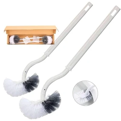 Afbeelding van 2 pack toiletborstel, toiletborstel met randreiniger, upgrade gebogen lange steel, plastic toiletborstelset sterke haren voor diepe reiniging, wit