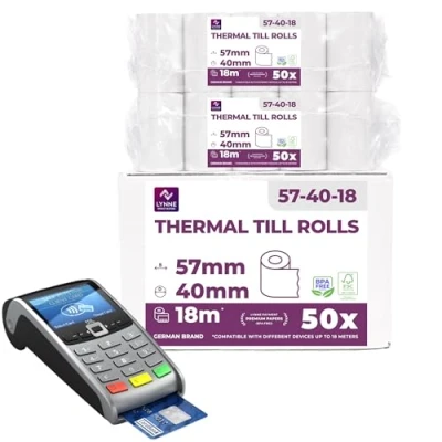 Afbeelding van Ec Cash Set van 50 thermische rollen 57 mm x 18 m 12 Kassarollen Thermisch papier Voor Bankomat Creditcardreader (57 40 12)