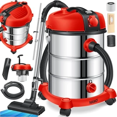 Afbeelding van MASKO® industriële stofzuiger nat droog roestvrij staal 2300W + stopcontact blaasfunctie en zuigen Push&amp;Clean met zonder zak zakloos Geel