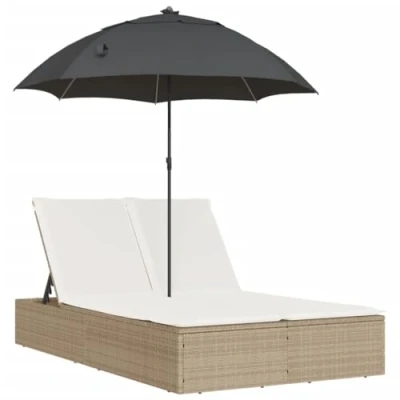 Afbeelding van Ligbed 2 persoons met kussens en parasol poly rattan beige