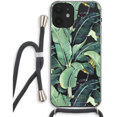 Afbeelding van Case Company® hoesje met Koord geschikt voor iPhone 12 Bananenbladeren Telefoonhoesje Zwart Extra Bescherming aan alle Kanten en Over de Schermrand