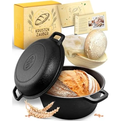 Afbeelding van KRUSTENZAUBER 26 cm gietijzeren pot brood bakken inclusief rijsmand Robuuste broodbakvorm rond met deksel voor in de oven Ideale broodvorm, broodbakpan, bakvorm bakken, broodbakaccessoires, broodvorm