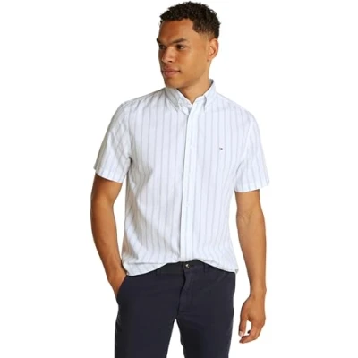 Afbeelding van Tommy Hilfiger Flex Poplin Regular Fit Shirt korte mouw popeline wit met lichtblauw gestreept